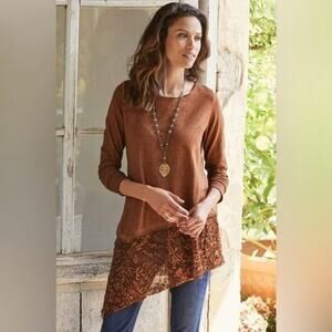 Soft Surroundings Petite Cassia Brown Lace Hem Long Sleeve Tunic Top LG Petite